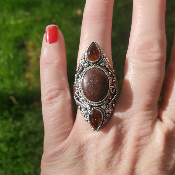 New Bloodstone & Golden Topaz Double Crescent Moon 925 Silver Statement Ring. - Picture 13 of 16
